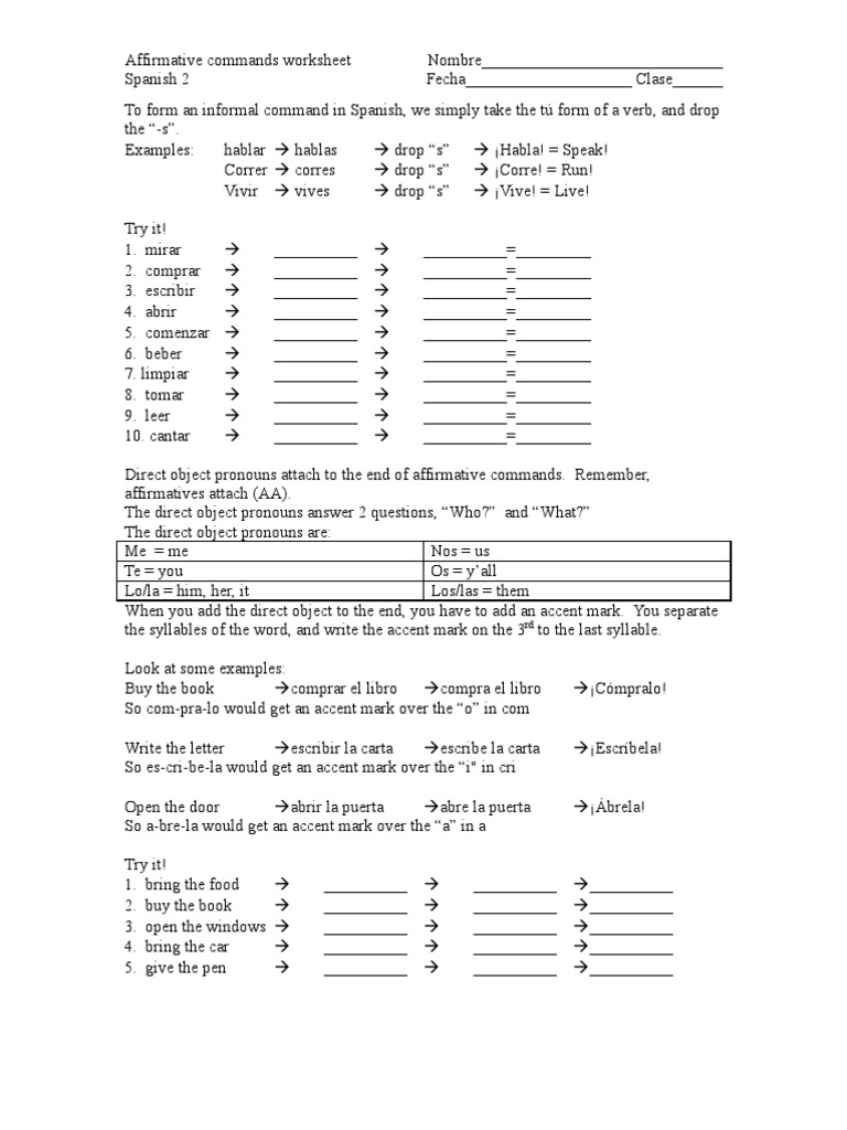worksheet Printable Spanish Worksheets spanish 2 affirmative commands worksheet linguistics stress linguistics