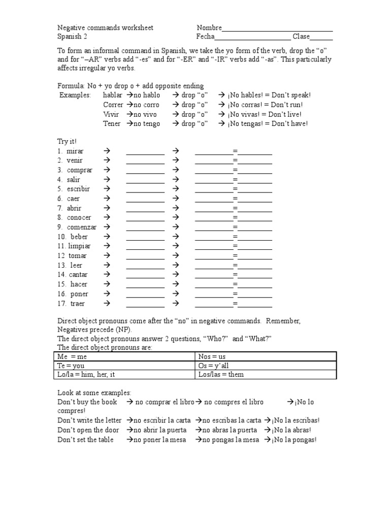 Spanish 2 Negative Commands Worksheet Linguistic