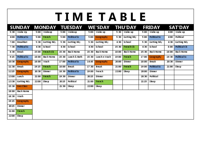 Weekly Study Timetable Overview | PDF | Sports & Recreation | Cooking ...