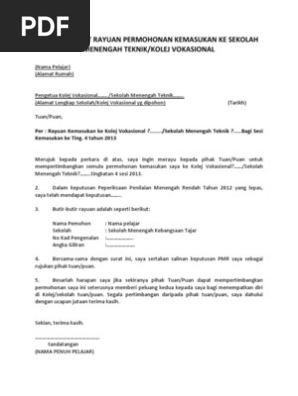 Contoh Surat Rayuan Permohonan Kemasukan Ke Sekolah Menengah Teknik