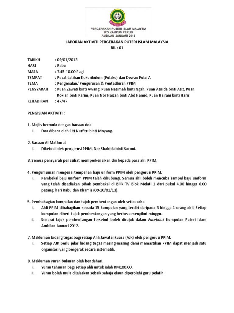 contoh laporan mingguan puteri islam