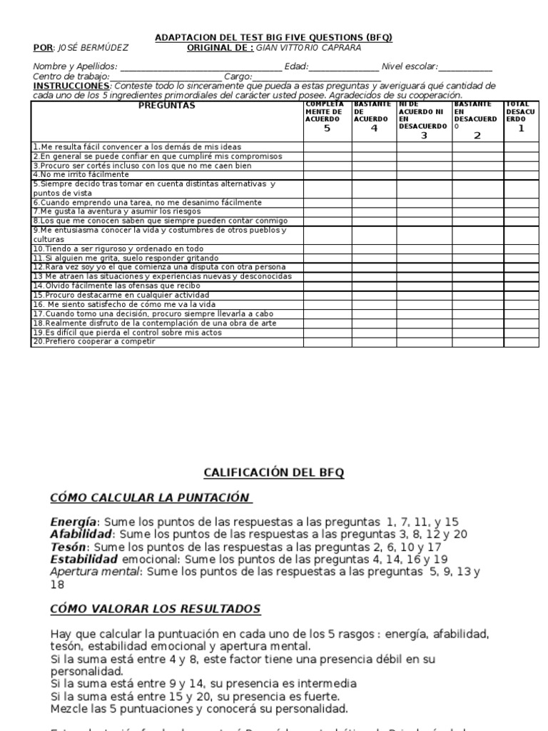 Big five test de personalidad pdf