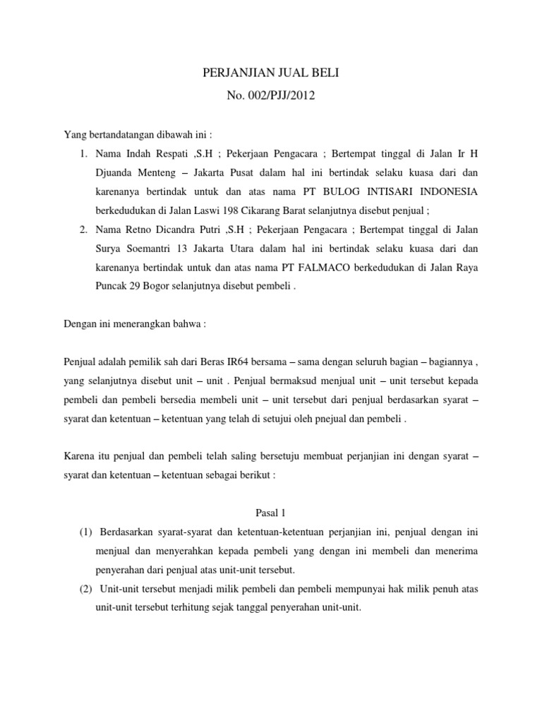 Surat Perjanjian Jual Beli Beras