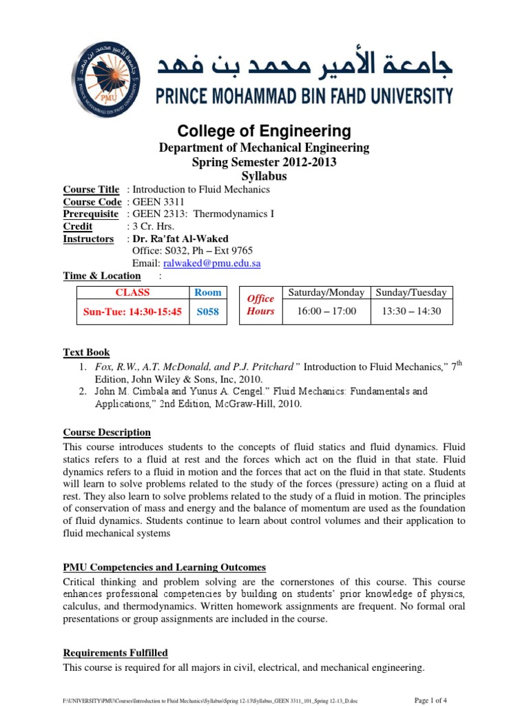 Introduction to Fluid Mechanics Syllabus | PDF | Fluid Dynamics ...