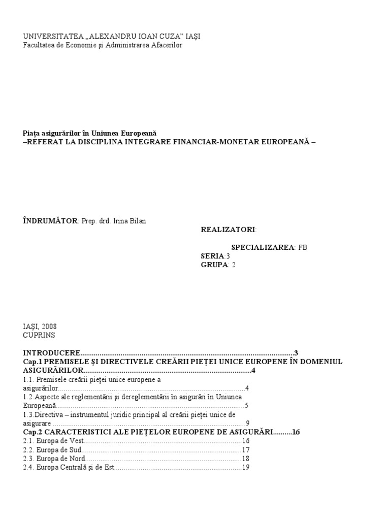 Piata Asigurarilor in Uniunea Europeana Referat La Disciplina Integrare