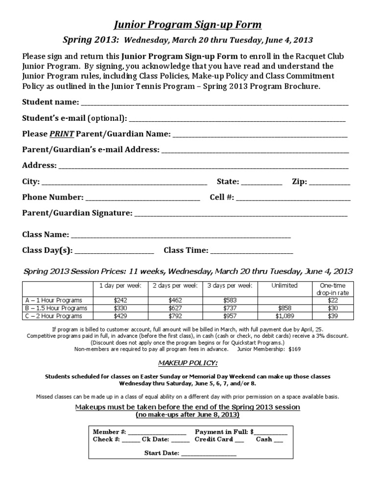 Junior Program Sign-Up Form 2013 | PDF