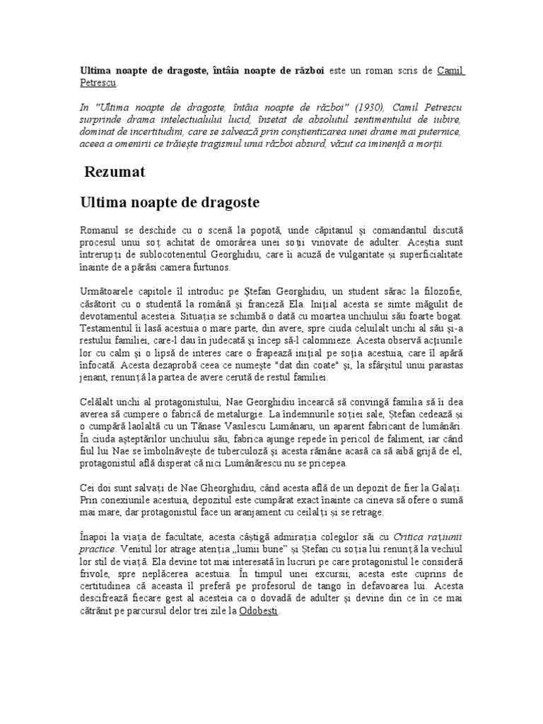 Ultima Noapte De Dragoste Intaia Noapte De RÄƒzboi Camil Petrescu Rezumat
