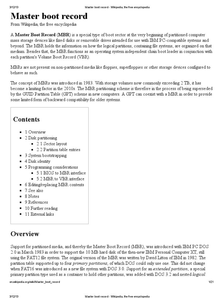 Master Boot Record - Wikipedia, The Free Encyclopedia | PDF | Bios ...