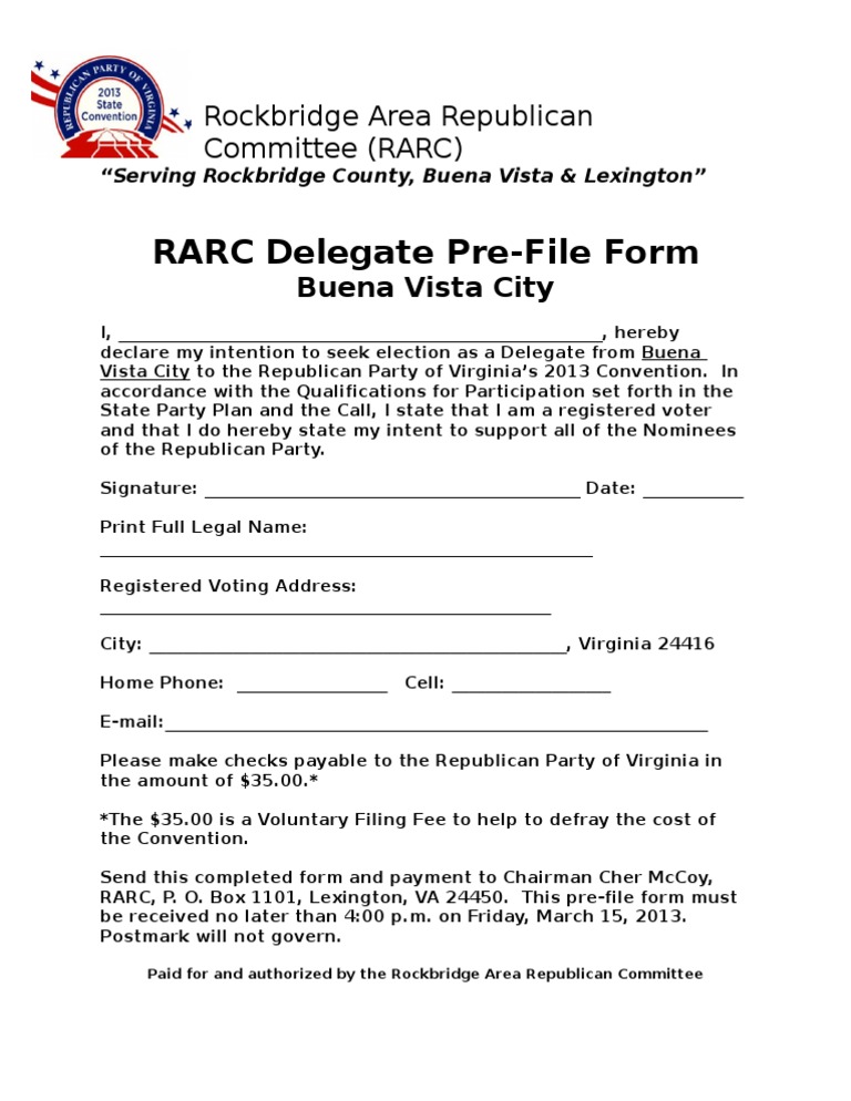RARC - PreFile Form-Buena Vista 2013 Convention | PDF