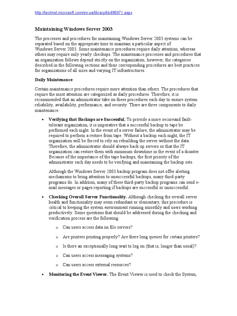 Server Maintenance Schedule PDF Active Directory Backup