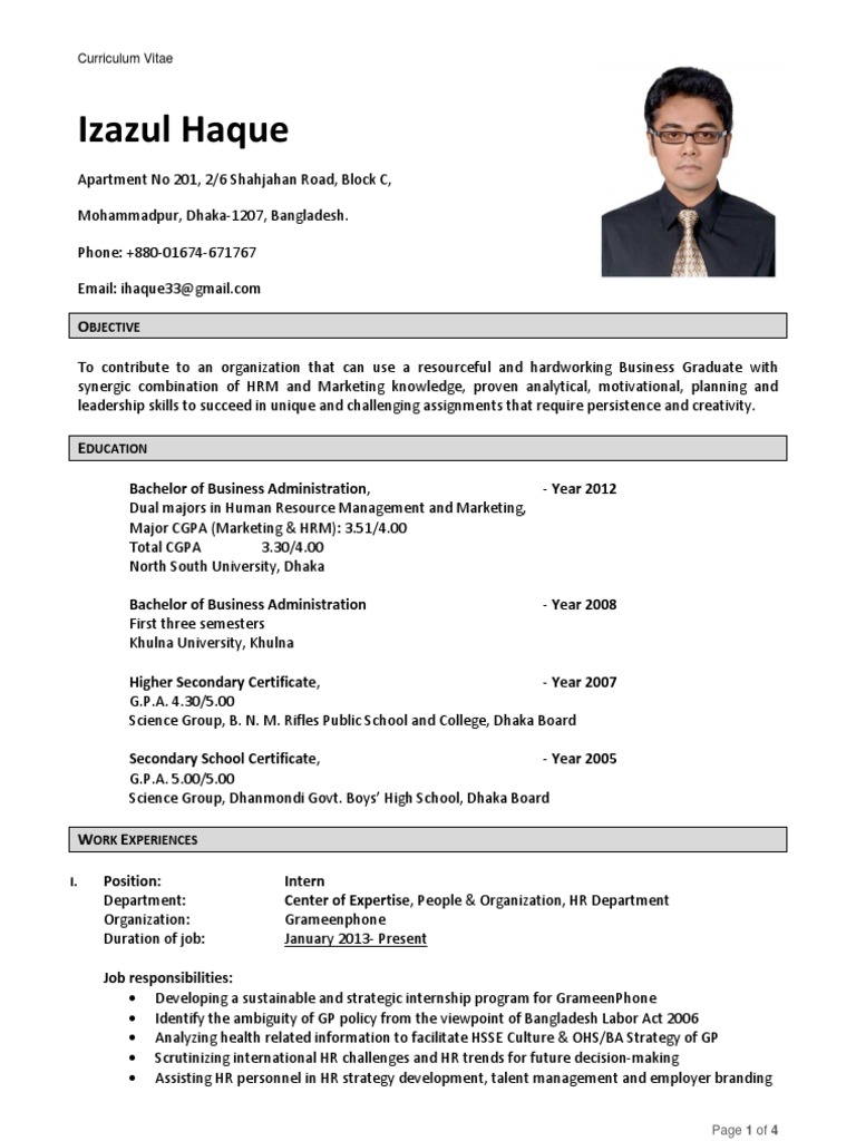 CV Format for Bangladeshi Graduates | PDF | Bangladesh | Human Resource ...