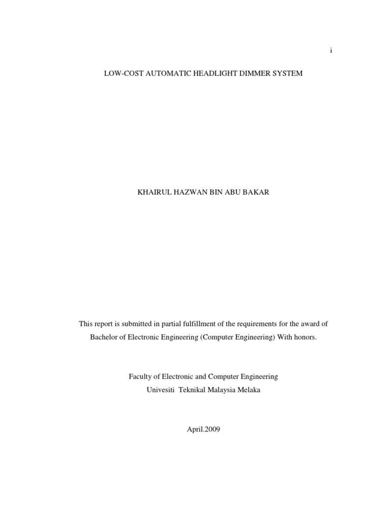 LowCost Automatic Headlight Dimmer System 24 Pages PDF Headlamp