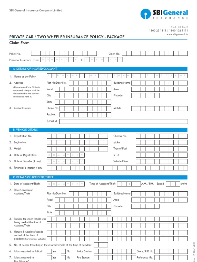 Sbi Claim Form PDF Traffic Collision Insurance