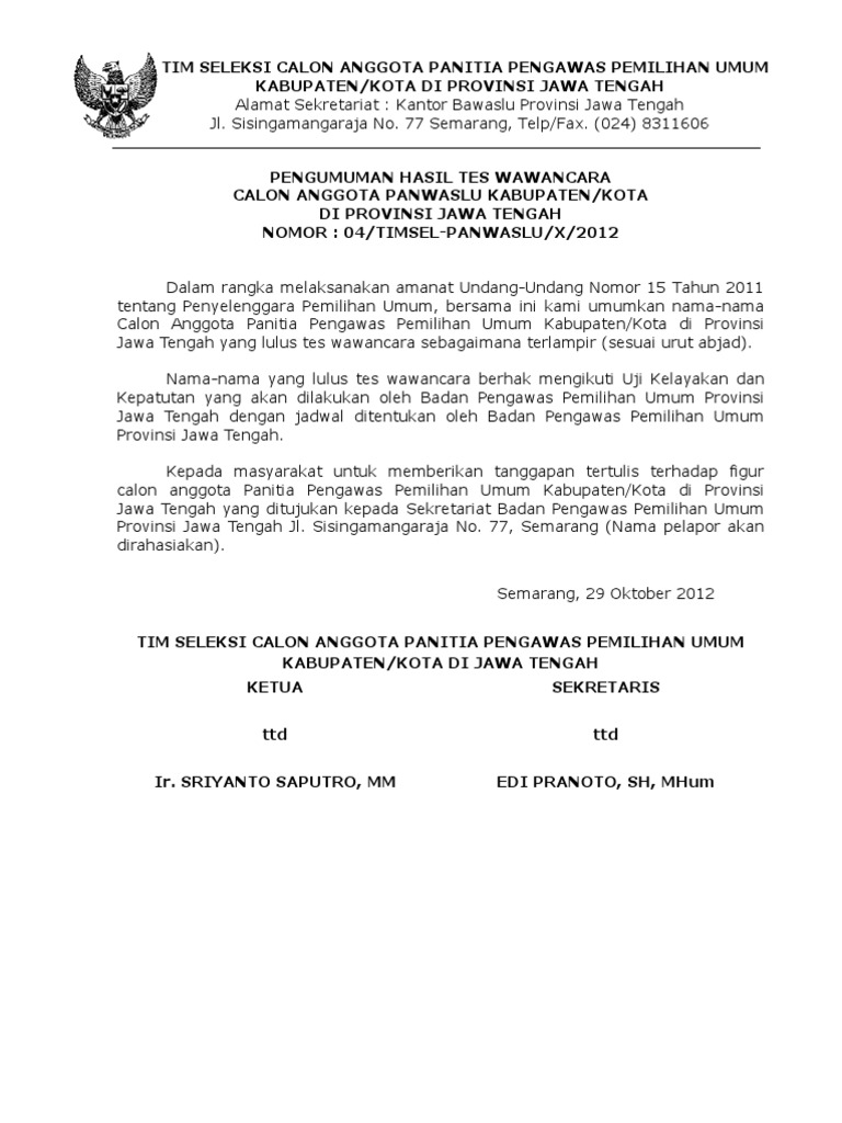 Pengumuman Hasil Tes Wawancara