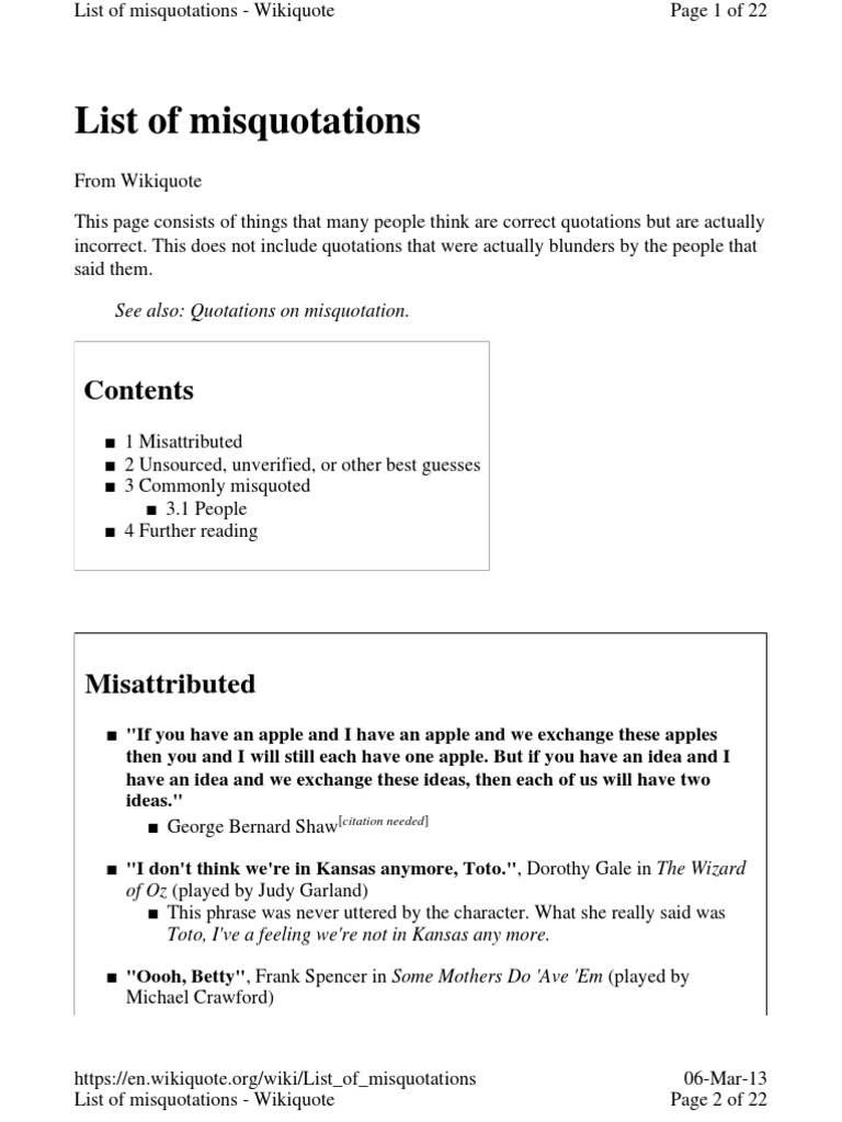 List of Misquotations: See Also: Quotations On Misquotation | PDF ...