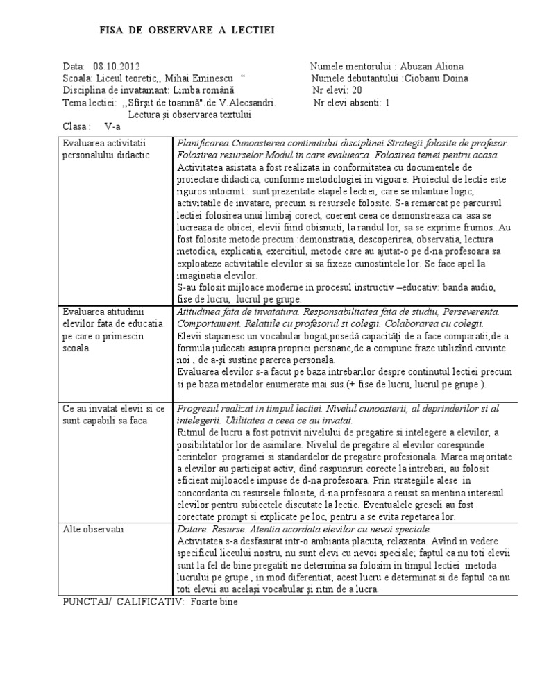 Fisa De Observare A Lectiei