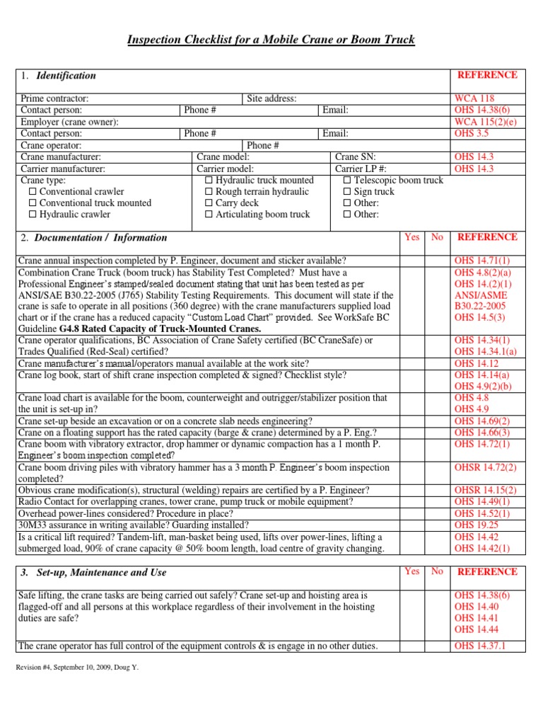 Mobile Crane or Boom Truck Checklist Rev4 | PDF | Crane (Machine) |  Manufactured Goods