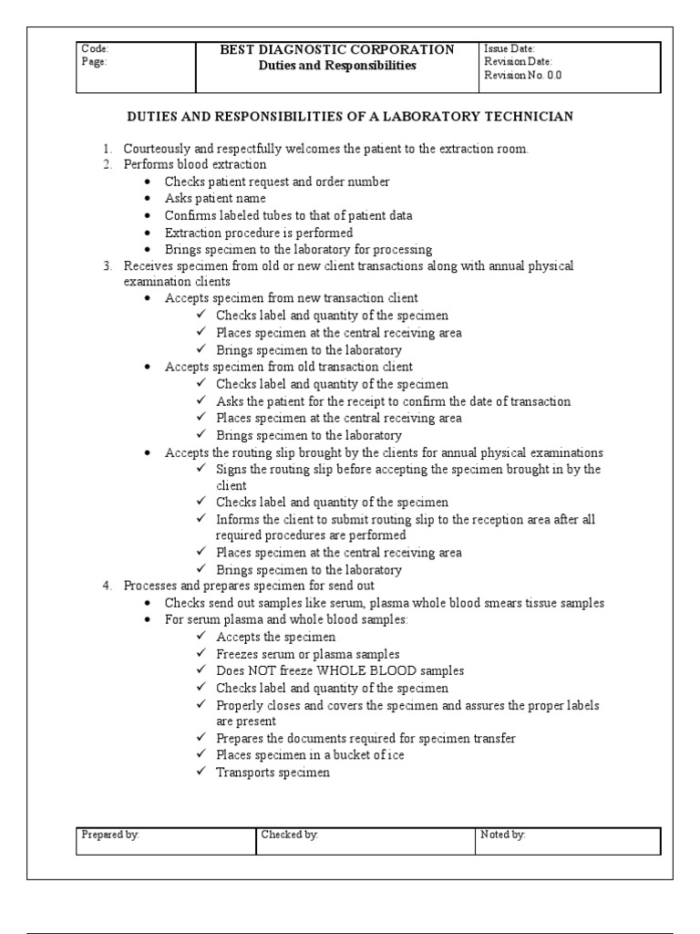 Laboratory Technician Responsibilities | PDF | Wellness | Science ...