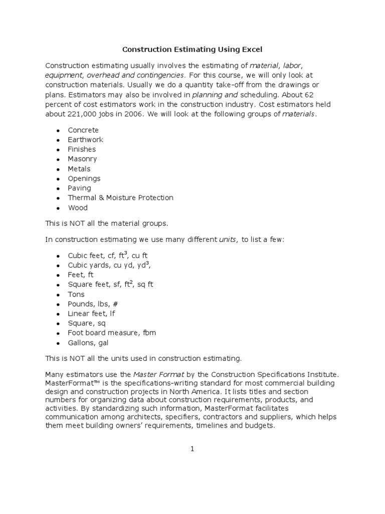 Construction Estimating Using Excel PDF Building Engineering