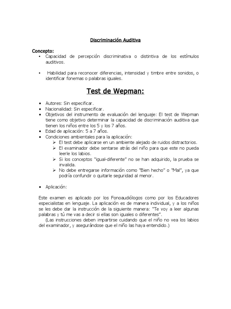 Test de Wepman: Discriminación Auditiva | PDF