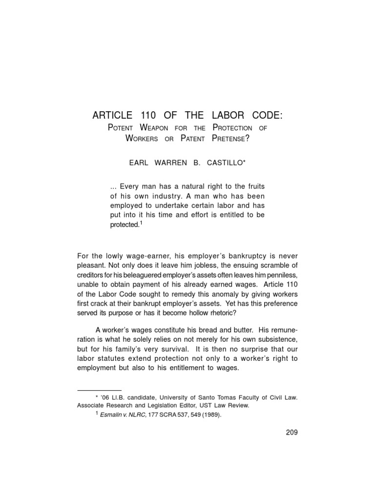 Article 110 of the Labor Code Bankruptcy Labour Law Free 30day