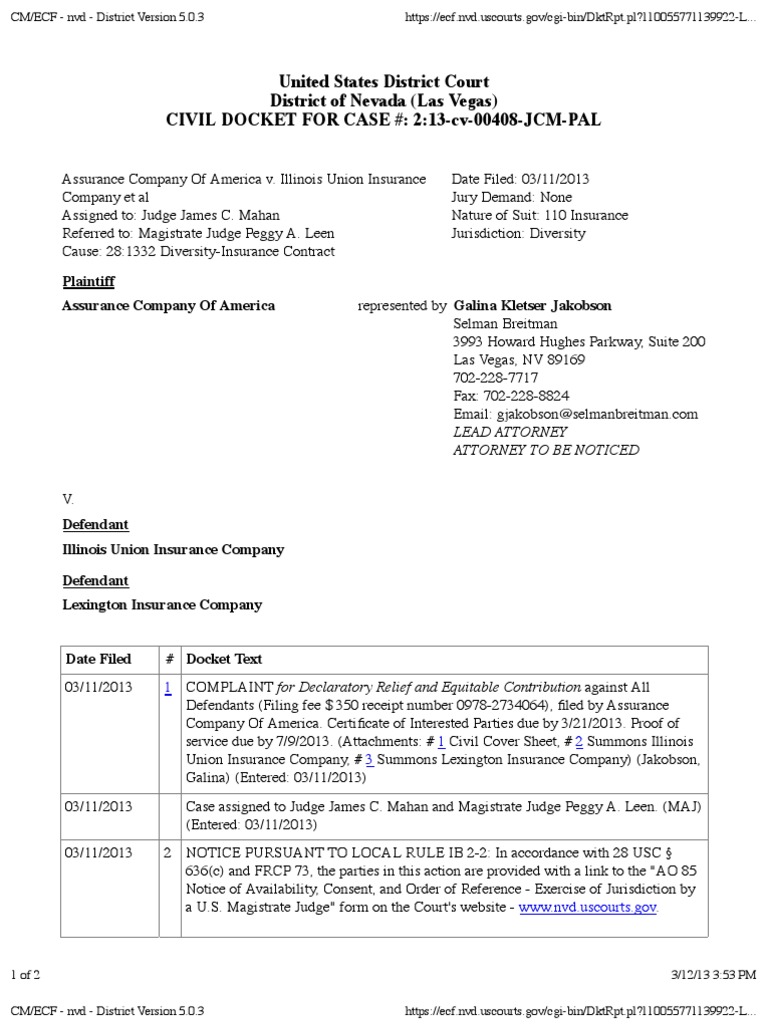 ASSURANCE COMPANY OF AMERICA v. ILLINOIS UNION INSURANCE COMPANY Et Al ...