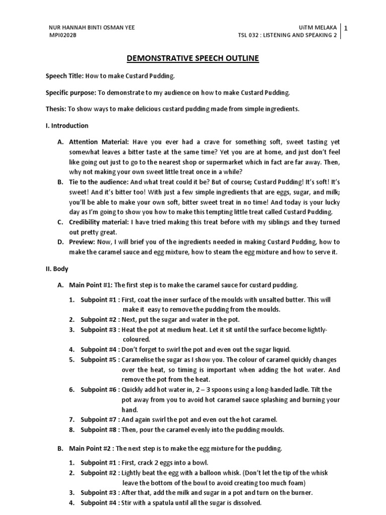 Demonstration Speech Outline [Custard Pudding]  Pudding 
