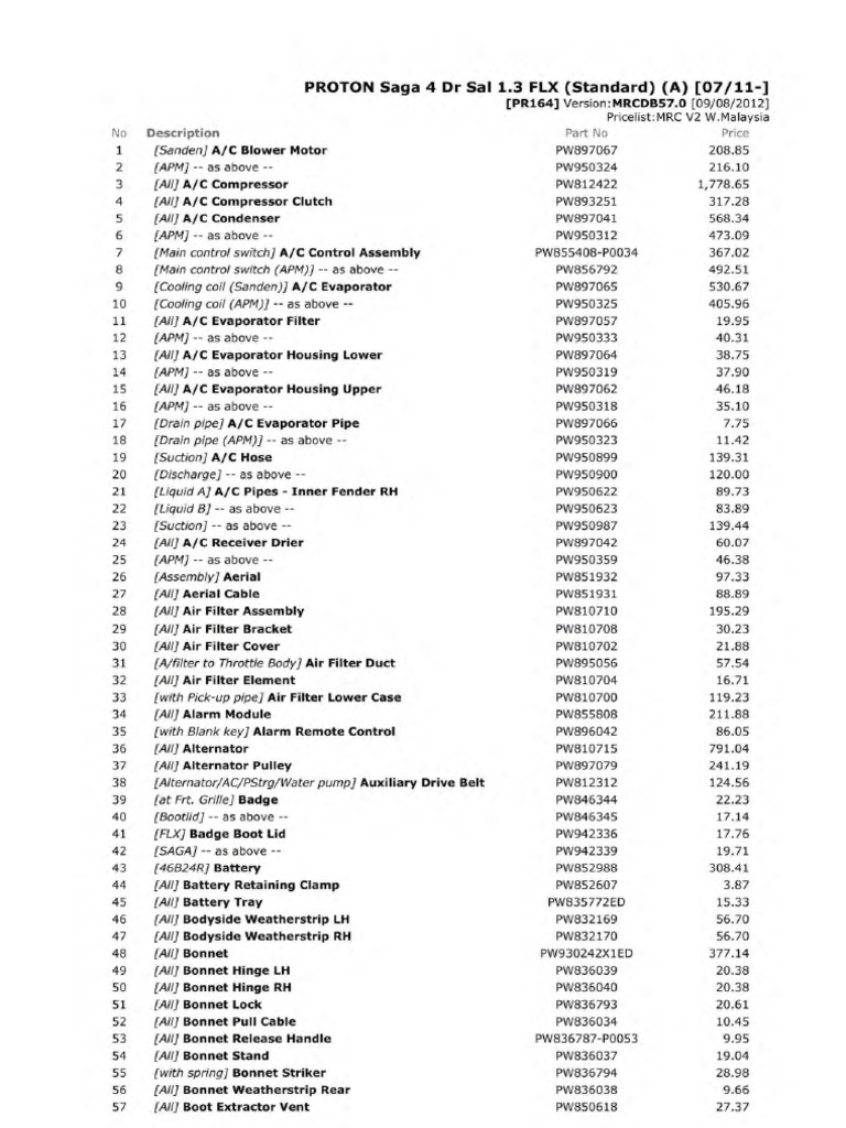 Saga 1 3 Flx Standard A Spare Parts Price List Pdf Air Conditioning Steering