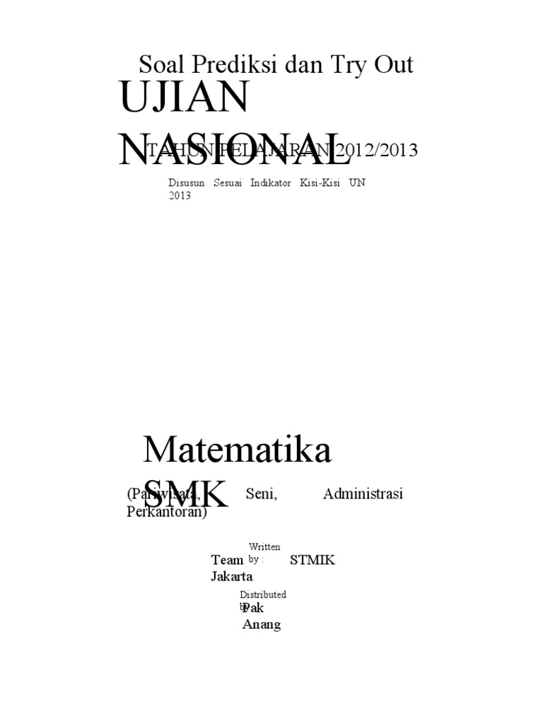 Soal Try Out Un Matematika Smk Pariwisata Seni Administrasi