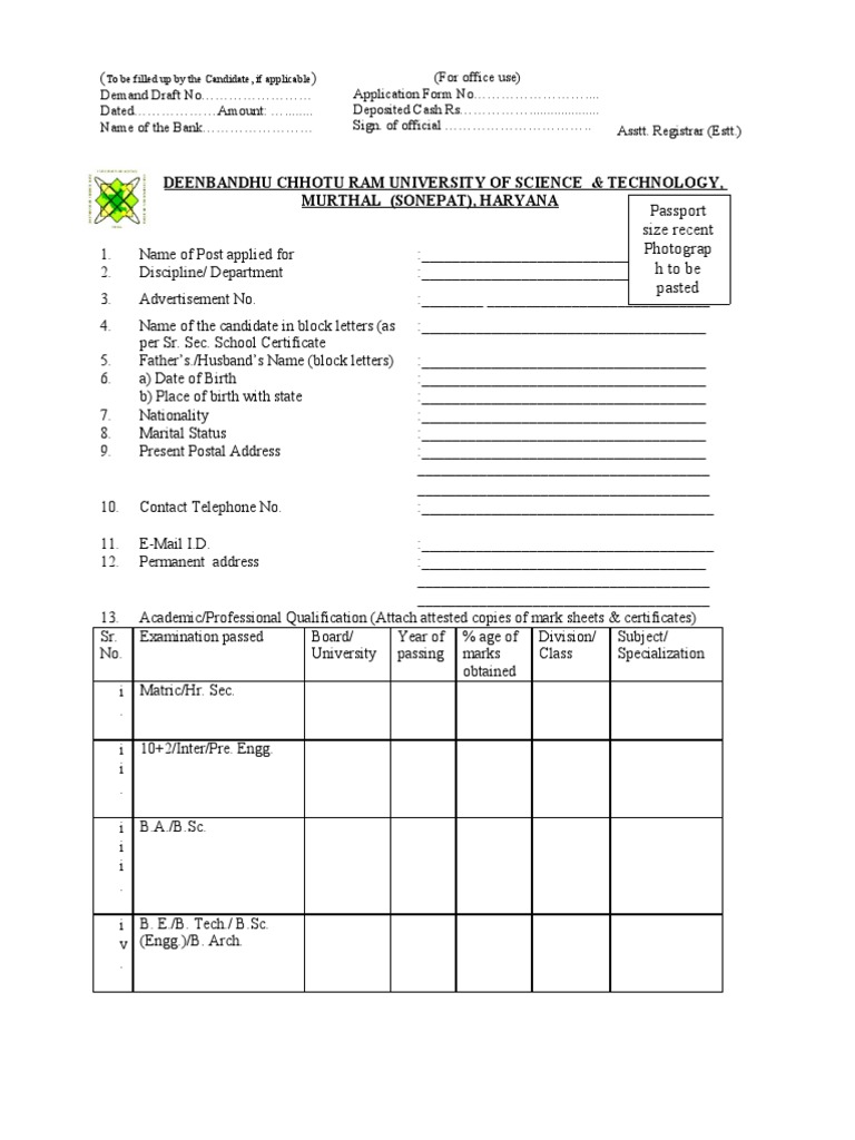 Application Form for University Post | PDF | Thesis | Doctor Of Philosophy