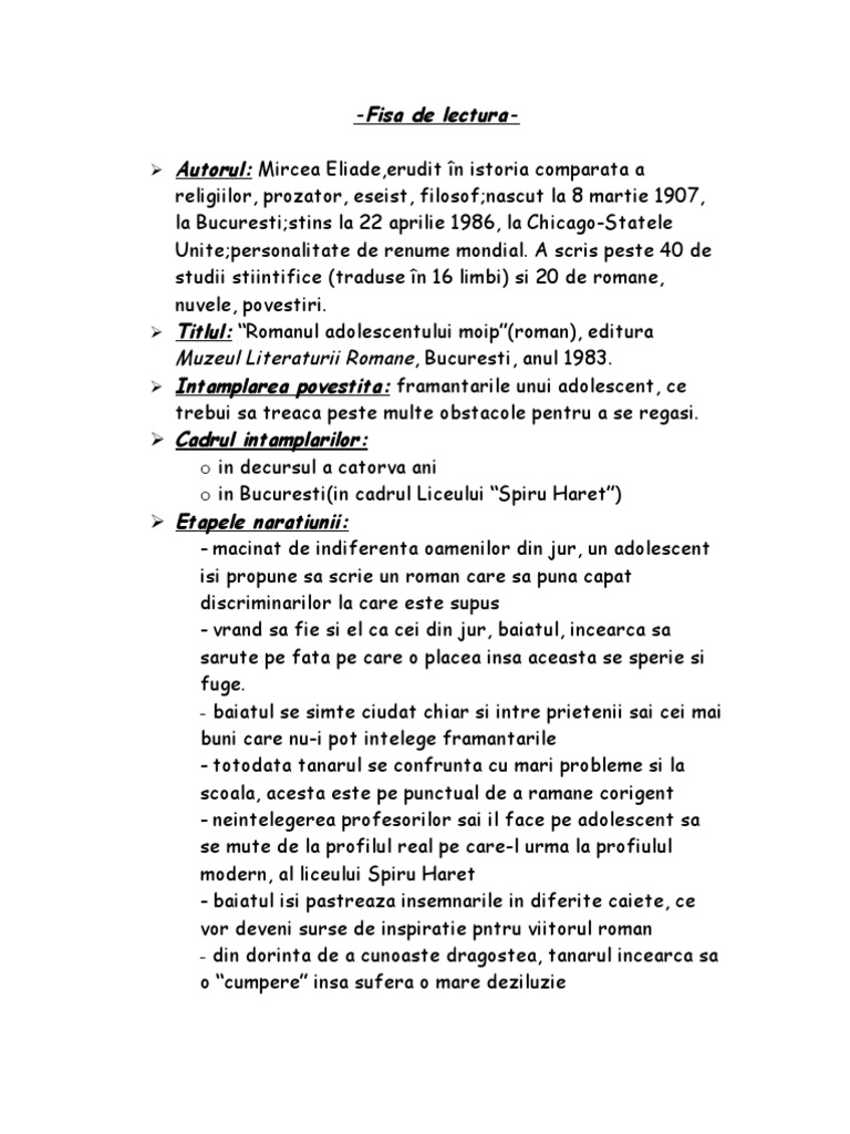 Romanul Adolescentului Miop Fisa De Lectura