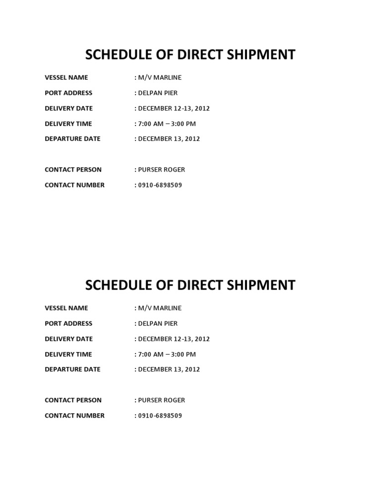 Direct Shipment Schedule for M/V Marline | PDF