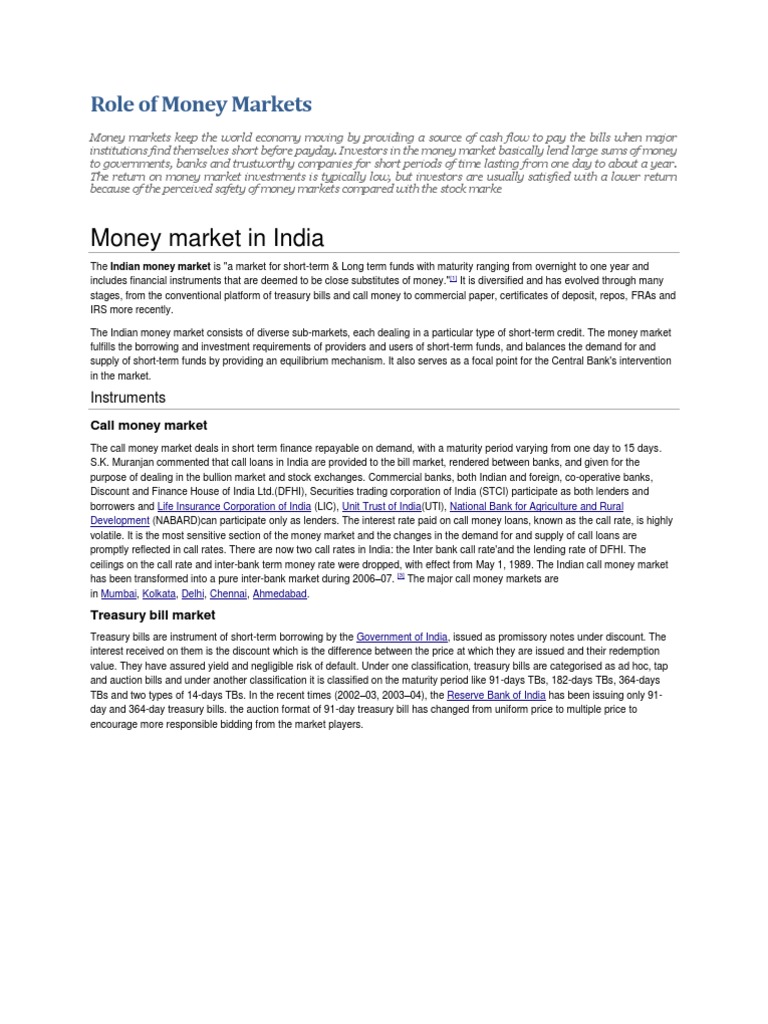 Role of Money Markets | PDF | Money Market | Market (Economics)