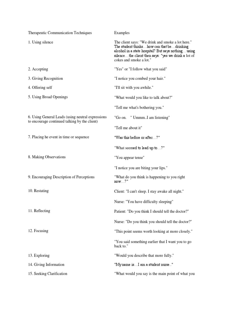 Therapeutic Communication Techniques PDF Nursing Social Psychology