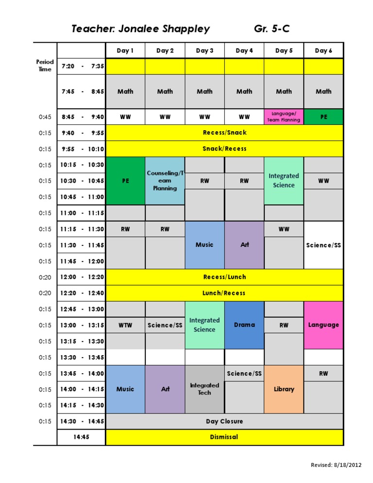 Grade 5 Weekly Class Schedule | PDF | Language Arts & Discipline