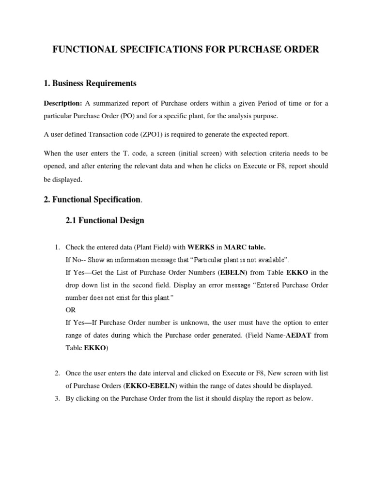 Functional Specifications For Purchase Order: 1. Business Requirements ...