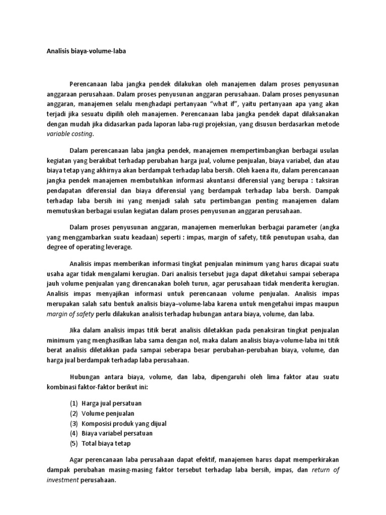 Analisis Biaya Volume Laba