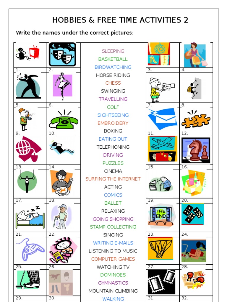 Islcollective Worksheets Elementary A1 Preintermediate A2 Intermed Hobbies Free  Time Activities 2 211164e8212f8039772 83739950 | PDF