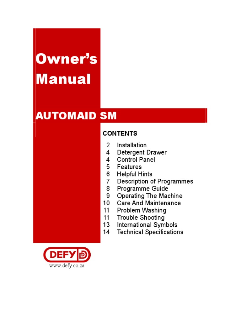 Defy Owner Manual | PDF | Washing Machine | Manufactured Goods