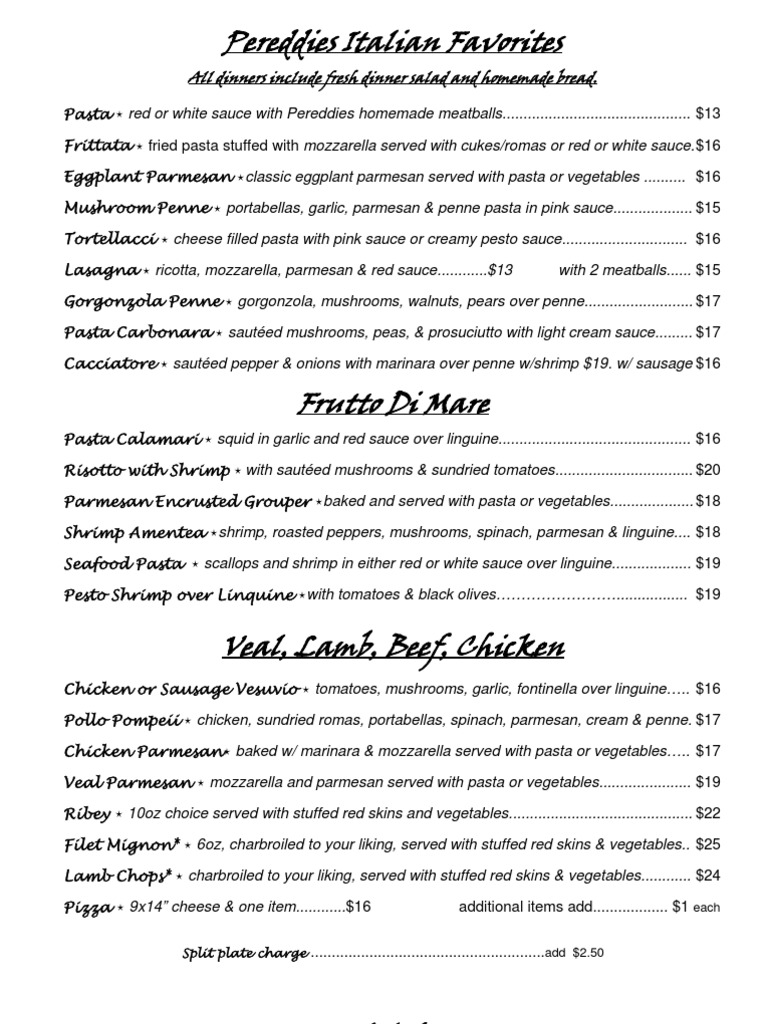 Pereddies Italian Dinner Menu | PDF | Pizza | Pasta