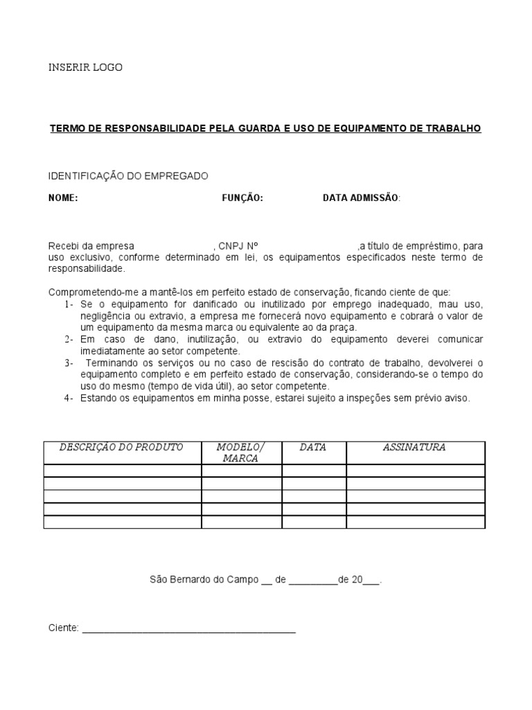 Termo de Responsabilidade Pela Guarda e Uso de 