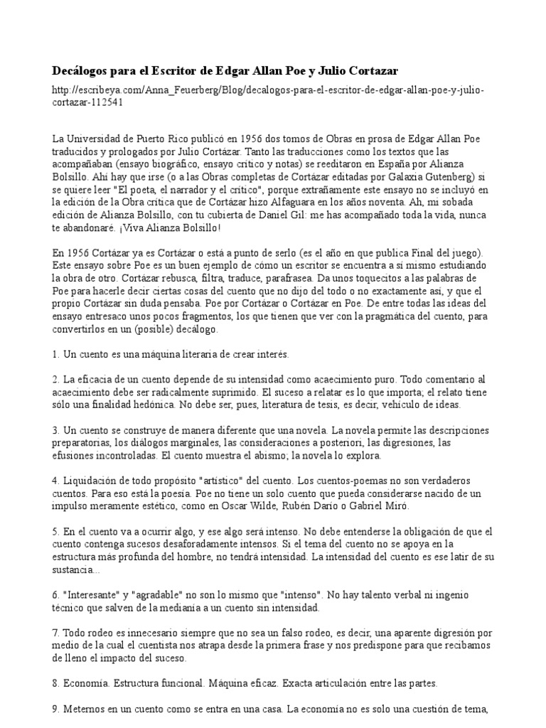 Decálogos de Poe y Cortázar para escritores | PDF | Edgar Allan Poe ...