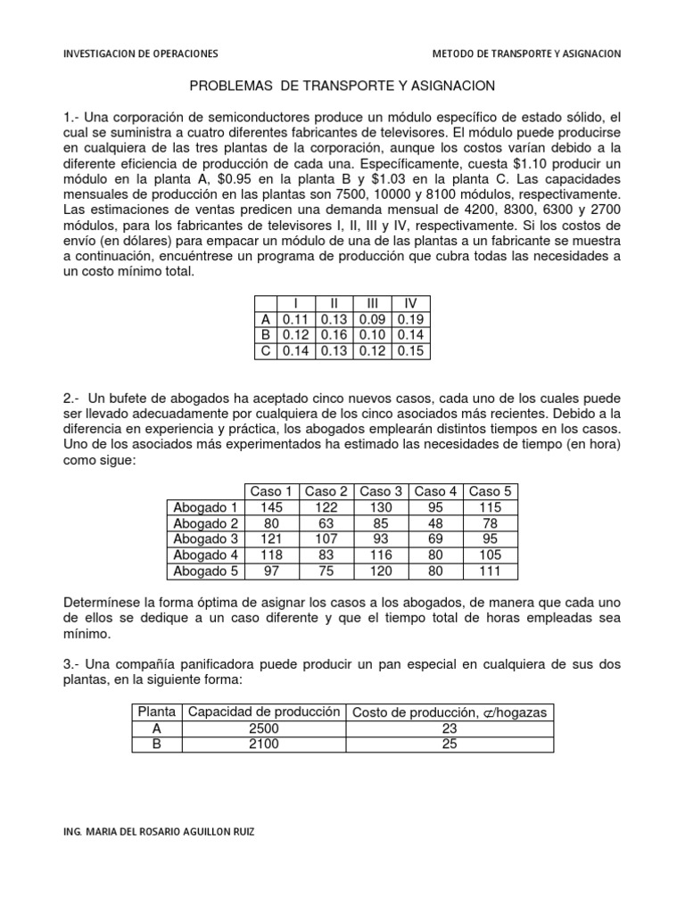 Problemas de Transporte y Asignación en Operaciones | PDF | Natación ...