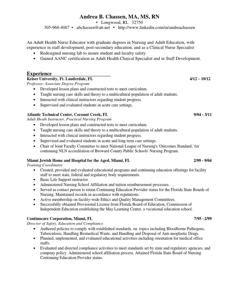Adult Health Nurse Educator in Orlando FL Resume Andrea Chassen Nursing Specialty (Medicine)