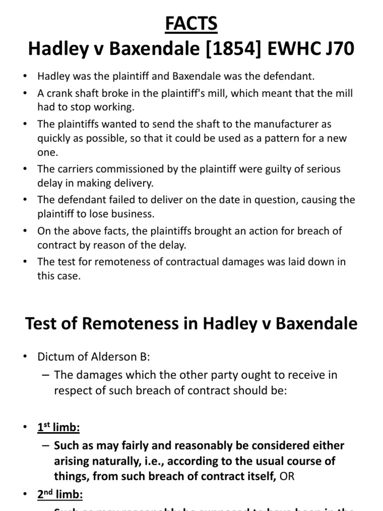 Hadley V Baxendale Breach Of Contract Defendant