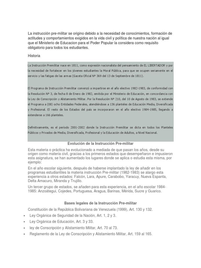 Origen y evolución de la instrucción premilitar | PDF | Reclutamiento ...