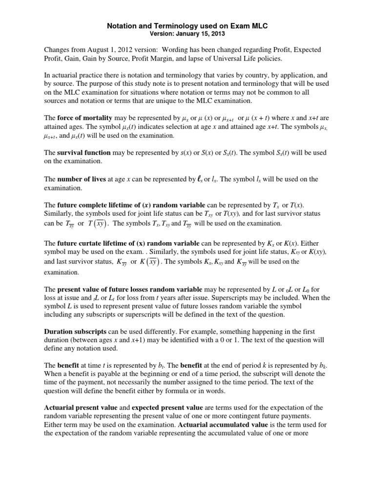 Edu 2013 Spring MLC Notation | PDF | Insurance | Financial Services