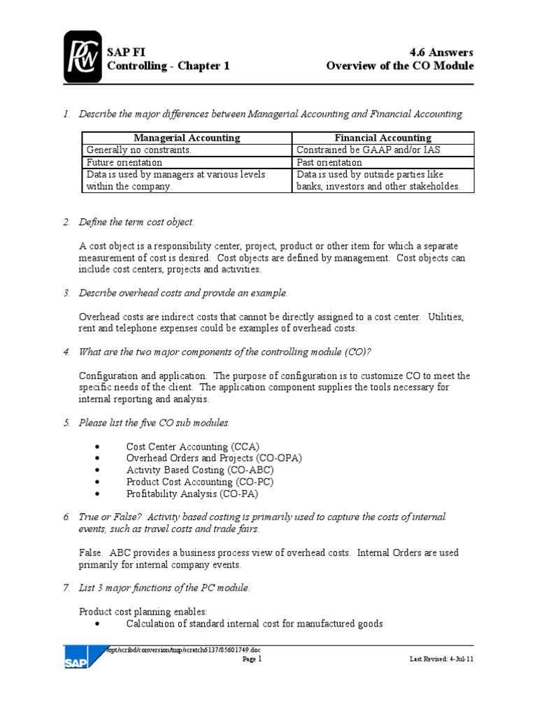 SAP CO Module Overview and Key Concepts | PDF | Business | Finance ...