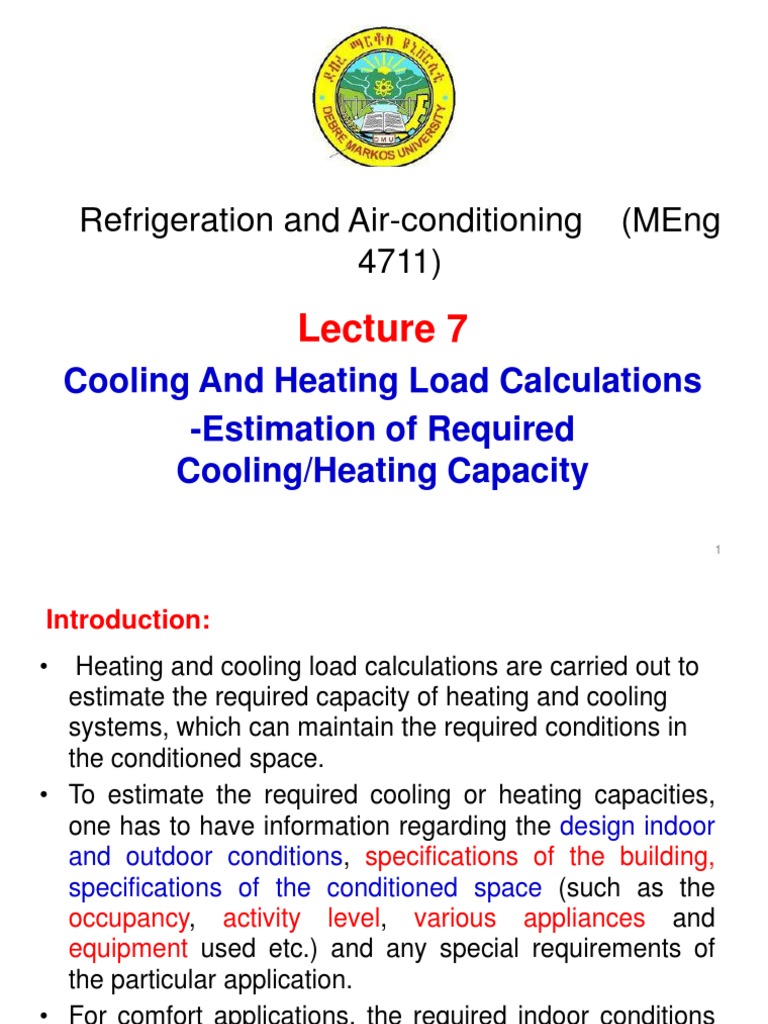 Lecture 7. Heating and Cooling Load Calculations PDF Air Conditioning Hvac