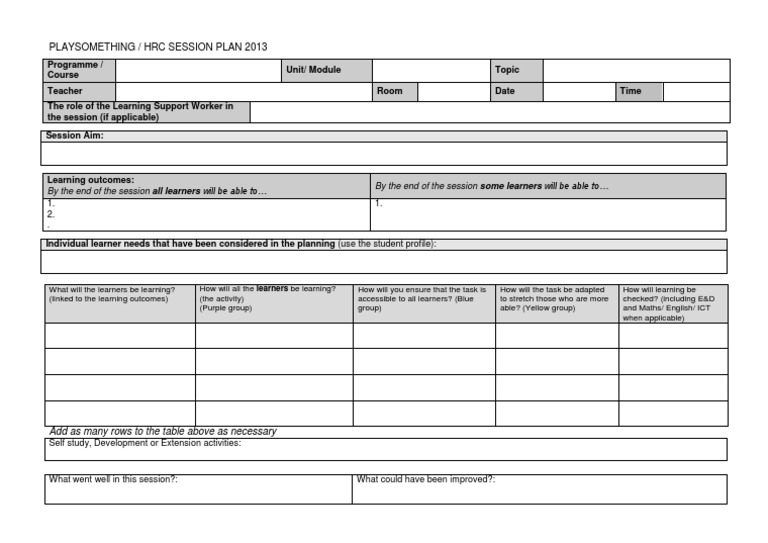 Session Plan TEMPLATE 2013 | PDF | Career & Growth | Art